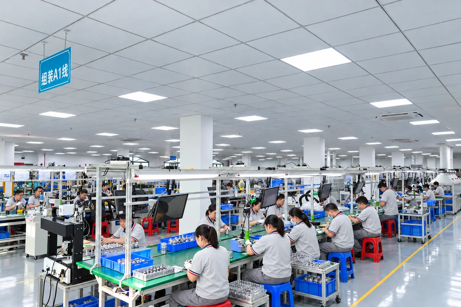 Teams assembling products along organized production lines