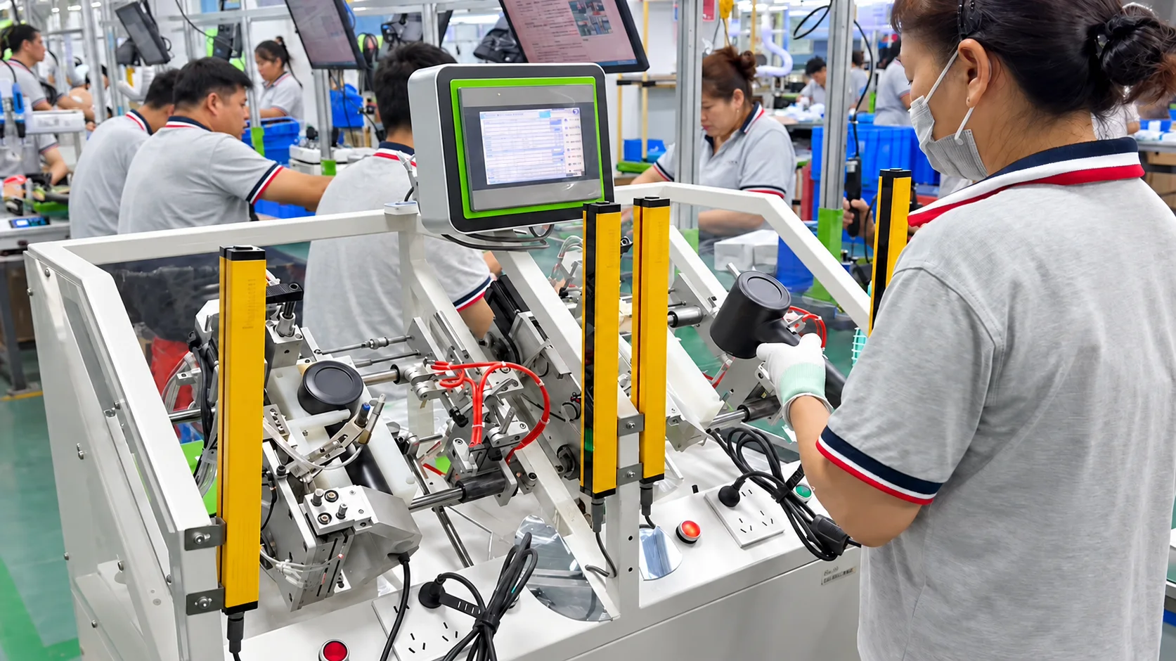 Operator testing a hair dryer at a production station