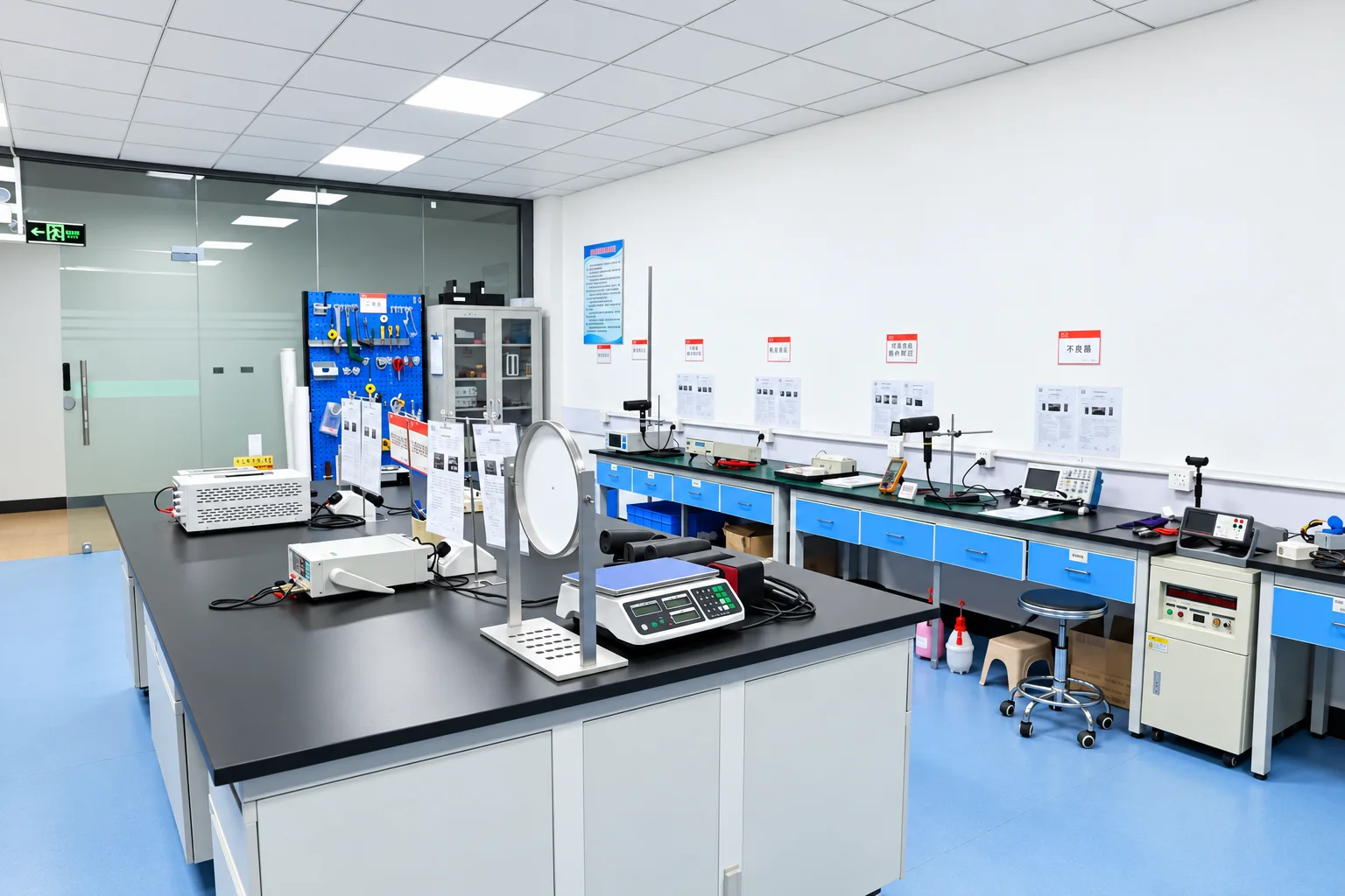 R&D laboratory with benches and test instruments